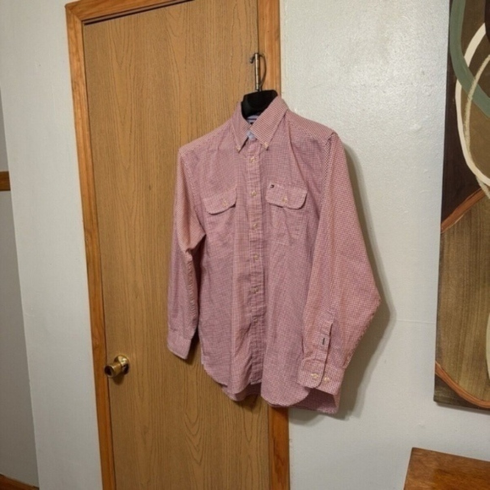 Tommy Hilfiger Medium Red & White w/Gingham Print Button-Front Shirt - EUC